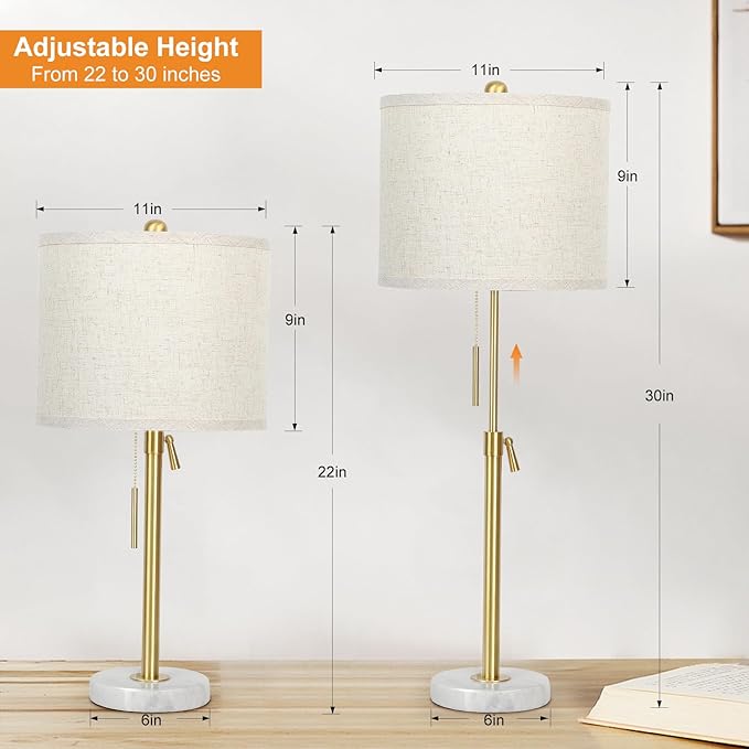 Qingmiao Table Lamps for Bedrooms Set of 2, 22" to 30" Height Adjustable Nightstand Lamps with Linen Shade, Pull Chain Switch Lamps for Living Room, 3 Way Dimmable Bedside Lamp