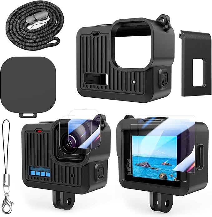 Accessories Kit Compatible with Go Pro Hero 4K Action Camera Including Silicone Protective Case Tempered Glass Protective Film Lens Cap Lanyard and Battery Side Cover for GoPro Hero