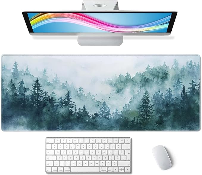 Desk Mat, Big Desk Pad, XL Extended Gaming Mouse Pad, Large Mouse Pad for Desk Rubber Base Mousepad with Stitched Edges, Keyboard Mouse Mat for Work, Game, Office, Home - Watercolor Forest Misty