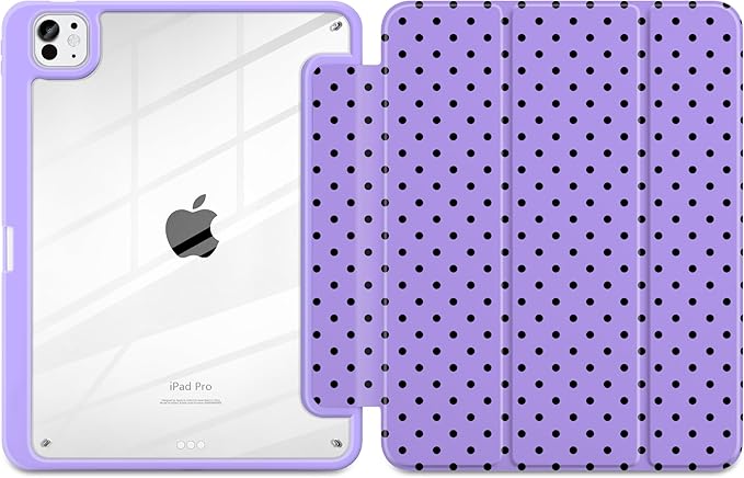 Case for iPad Pro 11 Inch (M5 2025 M4 2024) – [Built-in Pencil Holder], Shockproof & Stylish, Clear Hard Back + Soft TPU Edge, Magnetic Trifold Stand, Auto Wake/Sleep, Purple Polka dot