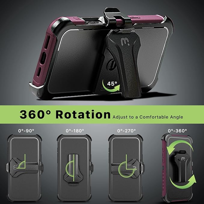 M MYBAT PRO Maverick Series for iPhone 16 Pro Max Case with Belt Clip Holster,[Compatible with Magsafe] w/Screen Protector,Anti-Drop,Shockproof,with 360°Rotating Kickstand,Heavy Duty Protection Plum