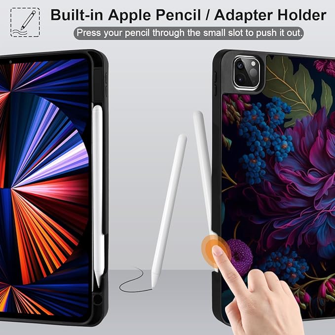 MEEgoodo for iPad Pro M2 12.9 Case 6th/5th/4th/3rd Generation 2022 2021 2020 2018 with Pencil Holder, Tablet Cover with TPU Back Shell, Beautiful Fantasy Flower