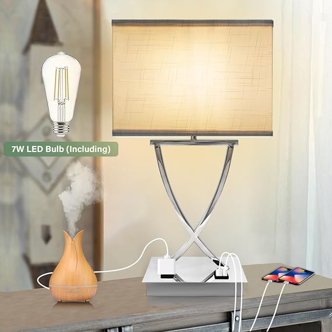 OYedis 21.38" Table Lamp for Bedroom Living Room 3-Way Dimmable Touch Control Medium Chrome Bedside lamp with USB A+C Ports，Nightstand Lamp with White Linen Shade Bulb Included (White-Chrome)