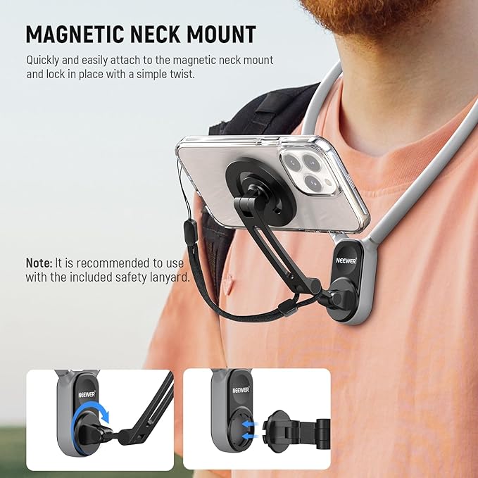 Neewer Magnetic Neck Holder for Action Camera Phone Hands Free Neck Tripod Chest Mount Compatible with GoPro DJI Insta360 iPhone15 Android Neck Phone Holder for POV Vlog, Gray, GP16