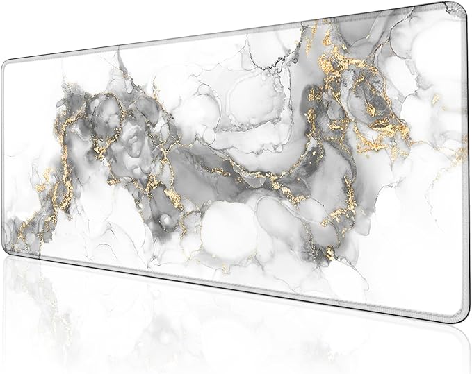 Large Gaming Mouse Pad (31.5x11.8in) - White & Gold Abstract Marble Design, Grey Liquid Ink Art - Extended Desk Mat, Elegant Modern Office Decor, Non-Slip Rubber Base