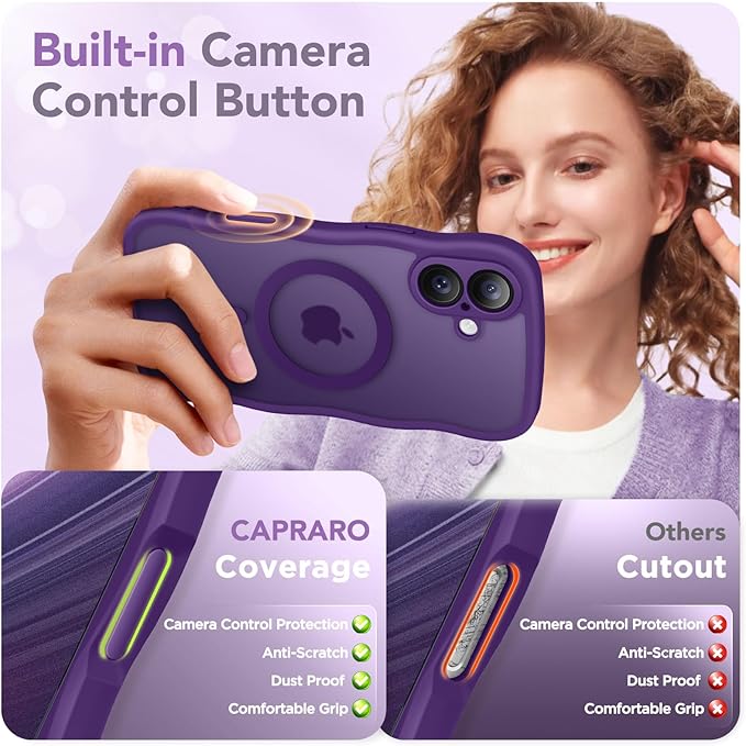 CAPRARO for iPhone 16 Case for Women Girls, Upgraded [Full Camera Protection] [Compatible with MagSafe] Cute Wave Translucent Matte Phone Case for iPhone 16, Deep Purple