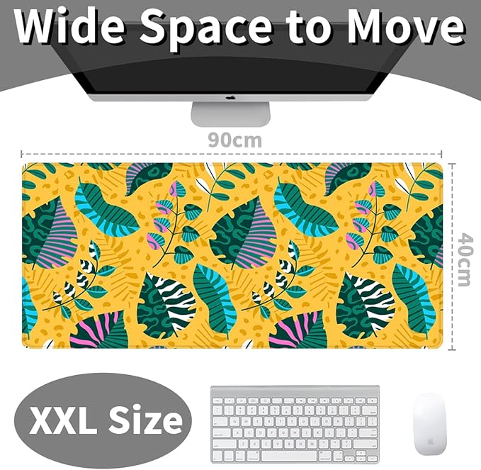 Benvo Extended Mouse Pad with Stitched Edges Extra Large Gaming Mousepads with Non-Slip Rubber Base and Micro-Weave Cloth Desk Mat for Gamer Office Home(35.4x15.7 inch, Tropical Leaves Yellow)
