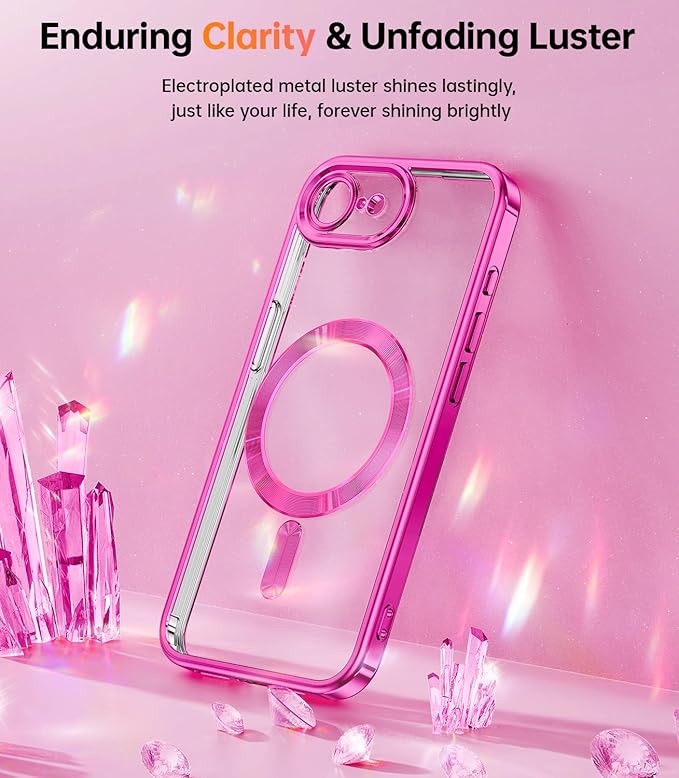 Meifigno Designed for iPhone 17e/16e Case 6.1", [Compatible with MagSafe] [Glitter Card & Wrist Strap] [2X Screen Protectors] Surround Raised Lens Protection Phone Case for 17e/16e, Hot Pink