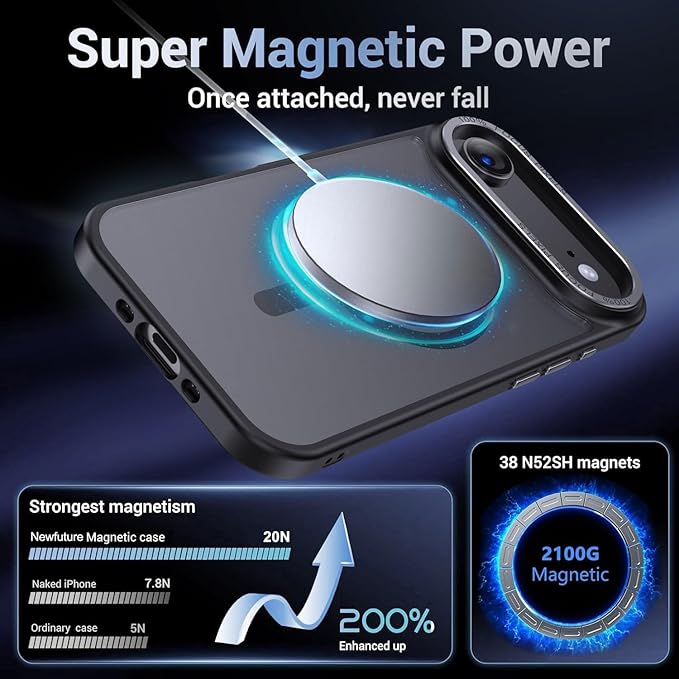 Newfuture Magnetic for iPhone Air Case [Compatible with Magsafe] [Military Grade Drop Protection] Translucent Matte Anti-Scratch Shockproof Protective Phone Cover 6.5 Inch, Black
