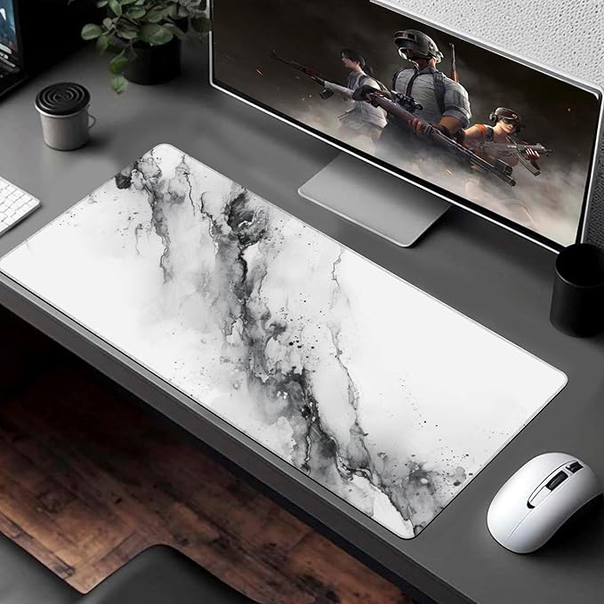 XXL Mouse Pad, White Black Marble Texture Large Desk Mat for Desktop, Extended Large Gaming Mouse Pad Mouse Mat with Non-Slip Rubber Base Stitched Edges for Computer Keyborad Home Office 35.4"X15.7"
