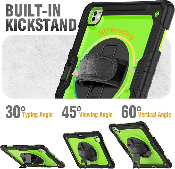 HXCASEAC for iPad Pro 13 Inch Case (M5/M4) 2025/2024, Shockproof Design with Pencil Holder, Protector, Rotating Stand, Hand Strap, Heavy Duty Protective iPad Pro13 Cover A3360 A3361 A2925 A2926,Green