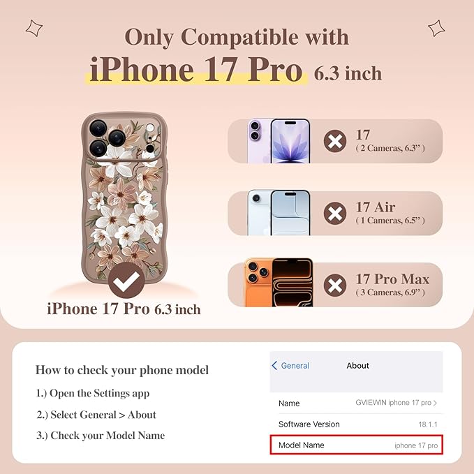 GVIEWIN for iPhone 17 Pro Case Compatible with MagSafe [Curly Wave Edge][Full Camera Protection] Floral Translucent Shockproof Magnetic Women Phone Case for iPhone 17 Pro 6.3'', Dogwood/Brown