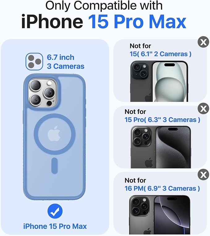 Magnetic for iPhone 15 Pro Max Case[Compatible with MagSafe][Military-Grade Drop Protection][Anti-Yellowing] Shockproof Translucent Matte Cover for iPhone 15 Pro Max Phone Case,Light Blue