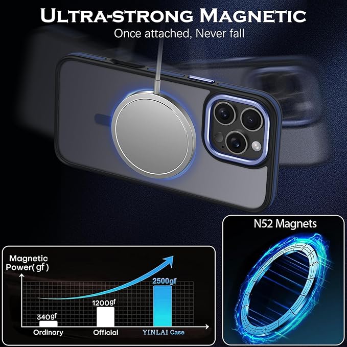 YINLAI Case for iPhone 16 Pro Max, Magnetic Case [Compatible with Magsafe] Supports Wireless Charging Slim Translucent Matte Women Men Shockproof Protective Back Phone Cover 6.9 Inch, Black/Blue