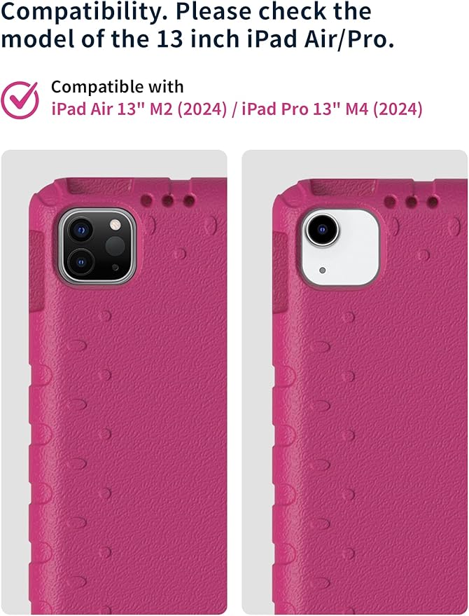 for iPad Pro 13 inch Case 2024 with Pencil Holder and Anti-Slip Hand Stand, Super Protection Rugged EVA Shockproof Kids Cover Compatible with iPad Pro 13-inch (M4)-Rose Red