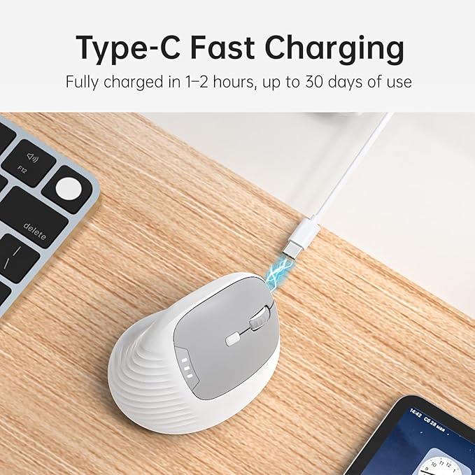 PYP Ergonomic Vertical Wireless Mouse, Bluetooth 5.2/5.0 & 2.4G Tri-Mode, Type-C Rechargeable with Power Display, 6-Level Adjustable 8,000 DPI, Lightweight Quiet Click for Laptop Mac - White