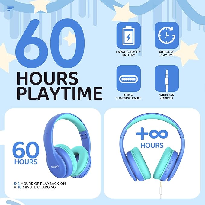JoySpark Kids Bluetooth Headphones, Lightweight Wireless Headphones for Kids, 85/94dB Volume Limited, 60 Hours Playtime, Bluetooth 5.3, Over-Ear Toddler Headsets with Built-in Mic-Blue