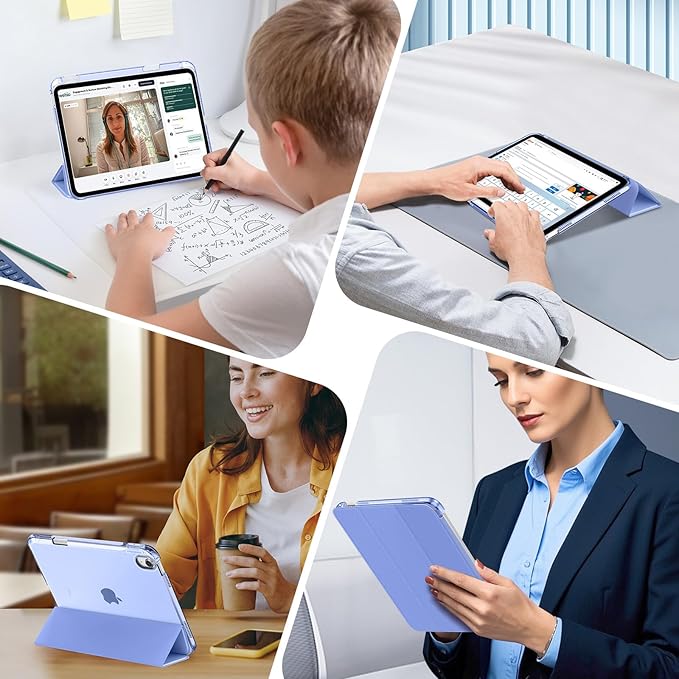 MoKo for iPad Air 11 inch Case (M4/M3/M2) 2026/2025/2024, iPad Air 5th/4th Gen 10.9 inch Case 2022/2020 with Pencil Holder, Slim Light Trifold Cover with Hard PC Translucent Back Shell, Periwinkle