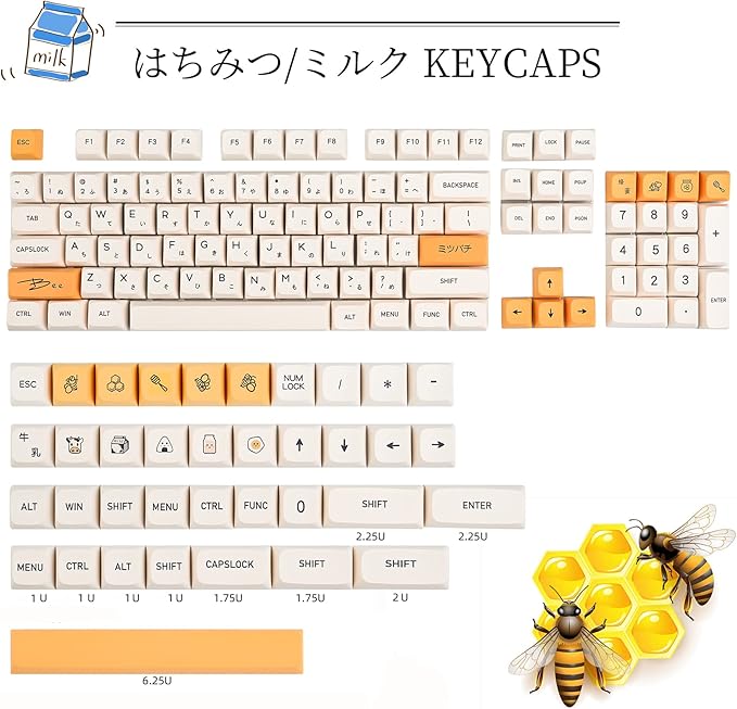 GTSP XDA Honey Milk Keycaps PBT Japanese Bee keycap 140-Key Set for Cherry MX Covers Fullsize 60% 65% 75% Keyboard（XDA/Honey Milk）
