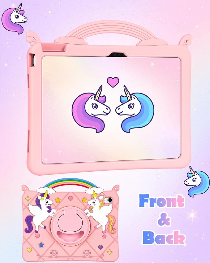 Uppuppy for iPad A16 Case/10th Generation Case - Girls Teens Cute Cartoon 10.9 Inch 2022 Tablet Cover with Rotating Stand Handle & Strap Soft Silicone 3D PK Unicorn Funda for iPad 11th 11 Inch 2025