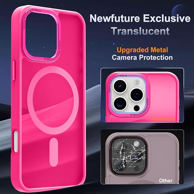 Newfuture Designed for iPhone 16 Pro Case with Magnetic [13 FT Military Drop Protection] [Compatible with Magsafe] Slim Translucent Matte Shockproof with Anti-Fingerprint Phone Case,Hot Pink