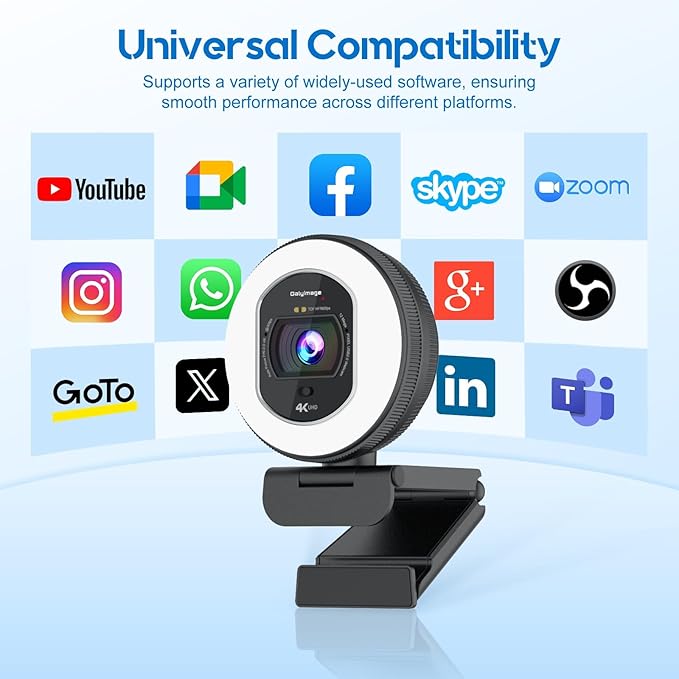 4K Webcam with Ring Light Web Cam 4K Autofocus with TOF Computer Camera 1080P 60FPS Web Camera Built-in Privacy Cover and Microphone Streaming Webcams for Zoom/Skype/Google Meet