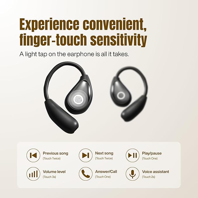Wireless Earbuds with Earhooks, Open Ear Bluetooth 5.3 Headphones for Work & Running, 60H Playtime, LED Display, IPX5 Waterproof, USB-C Charging (Black)