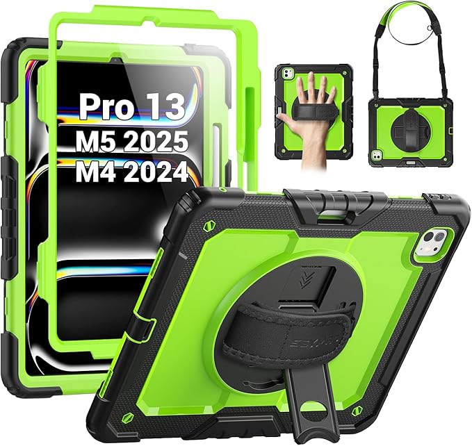SEYMAC Case for iPad Pro 13 Inch M5 2025 / M4 2024, Heavy Duty Shockproof Protective Case with Screen Protector, 360° Rotating Stand, Hand/Shoulder Strap and Pen Holder, Green