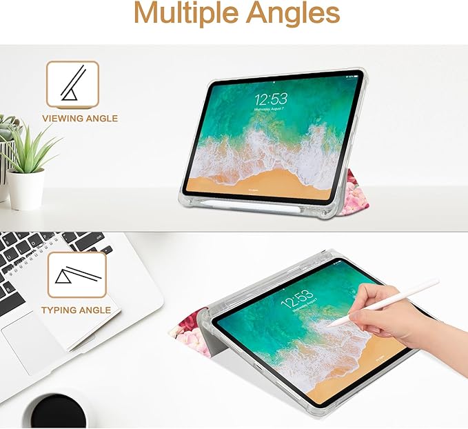 for iPad Air 11 Inch Case M4/M3/M2 2026, for iPad Air 5Th/4Th Gen Cases 10.9-inch,for iPad Pro 11 Inch Case 4Th/3Rd/2Nd/1St Generation Slim Pencil Holder 2 Viewing Stand Typing Stand, Flower