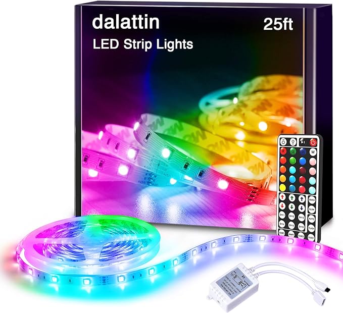 dalattin Led Lights for Bedroom 25ft RGB 5050 Led Strip Lights Color Changing Kit with 44 Keys Remote Controller and 12V Power Supply Led Light Strips Indoor Decoration,Easter Decor
