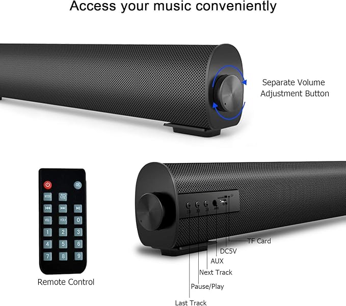 Portable Soundbar for TV/PC, Outdoor/Indoor Wired & Wireless Bluetooth 5.0 Speaker with Remote Control and Coax Cable, 2X5W Mini Home Theater Sound bar with Built-in Subwoofers for Projector (Updated)