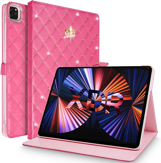Changjia for iPad Pro 11-inch Case (4th/3rd/2nd/1st Gen), Cute Crown Bling Diamond PU Leather Smart Auto Sleep/Wake Stand Shockproof Case, Rose Red