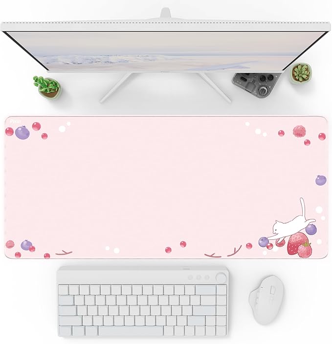 Pixio Mouse Pads - 36 x 16 inch XXL Cats & Berries Pink Multifunctional Large Desk Mats for Gaming, Office, Desktop Anti-Slip Waterproof Washable Computer Mouse Mat
