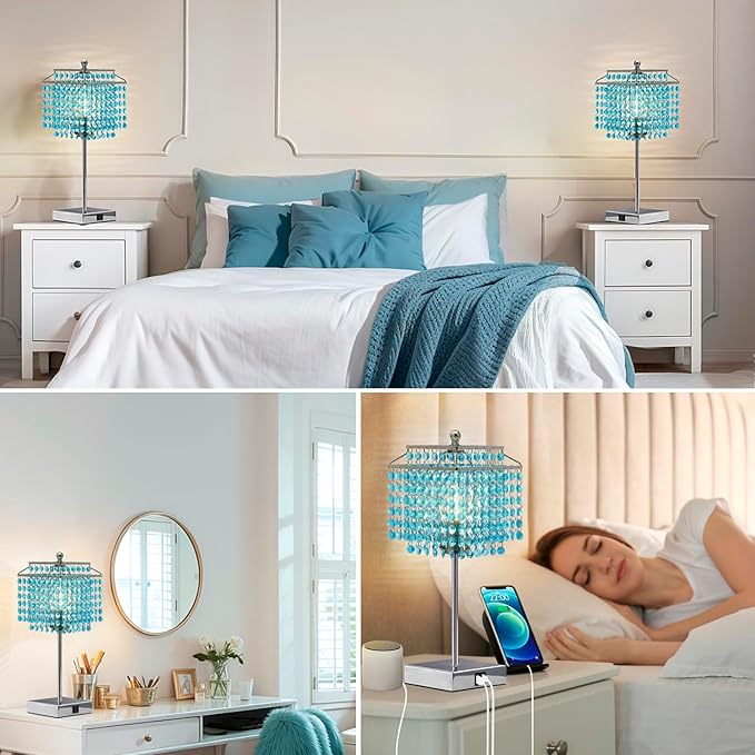 Luvkczc Crystal Table Lamp with Touch Control, Bedside Crystal Table Lamp with USB C+A Ports, Dimmable Lamp for Girls Bedroom, Living Room, Light Blue & B11 LED Bulb Included