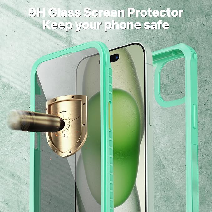 CENHUFO Privacy for iPhone 15 Case, Full Body Phone Case with Built-in 9H Tempered Glass Privacy Screen Protector and Camera Lens Protector, Anti Peep Spy Shockproof Bumper Clear Cover - Green