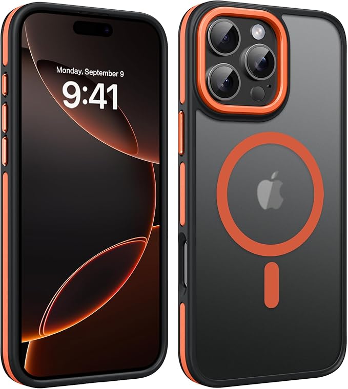 YINLAI Case for iPhone 16 Pro 6.3-Inch, iPhone 16 Pro Phone Case Magnetic [Compatible with Magsafe] Slim Translucent Matte Men Women Girls Shockproof Protective Back Cover, Black/Orange