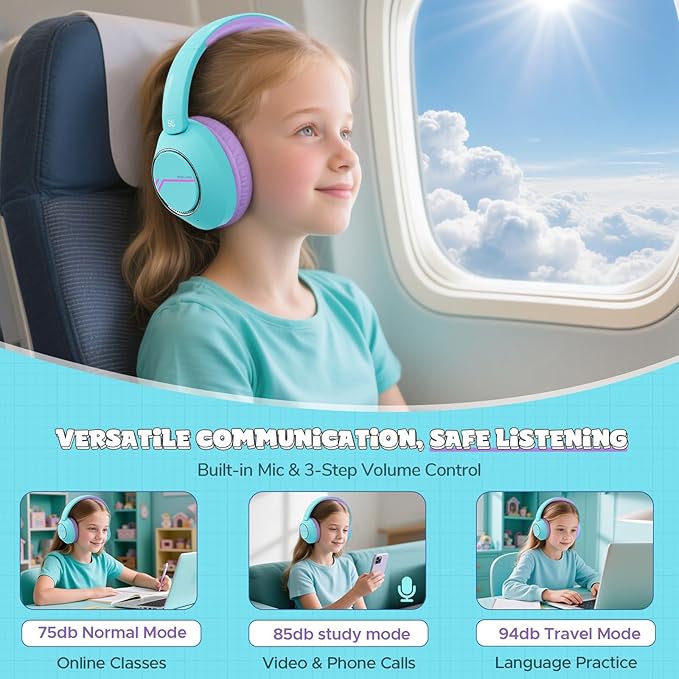 Steellumen Nova1Pro Active Noise Cancelling Headphones for Kids, 3-Level Safe Volume 75/85/94dB, ANC Safe Wireless Listen, Fast Charging, Bluetooth 5.4 with Mic, boy Girl for School, Travel & Airplane