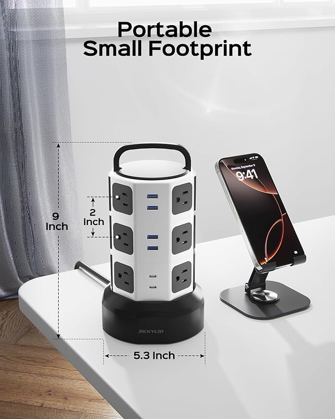 【10ft】 Power Strip Tower JACKYLED Surge Protector Electric Charging Station with 13A 12 Outlets 6 USB Ports Heavy Duty Extension Cord for Home Office Computer Nightstand Laptop Phone White Black