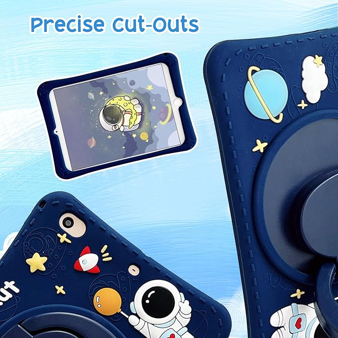 Cute Case for Apple iPad 9th 8th 7th Generation 10.2 Inch 2021/2020/2019 Model, EVA Kickstand Heavy Duty Shockproof Kids Friendly Bumper Case with Shoulder Strap Cover for iPad 10.2", Blue Astronaut