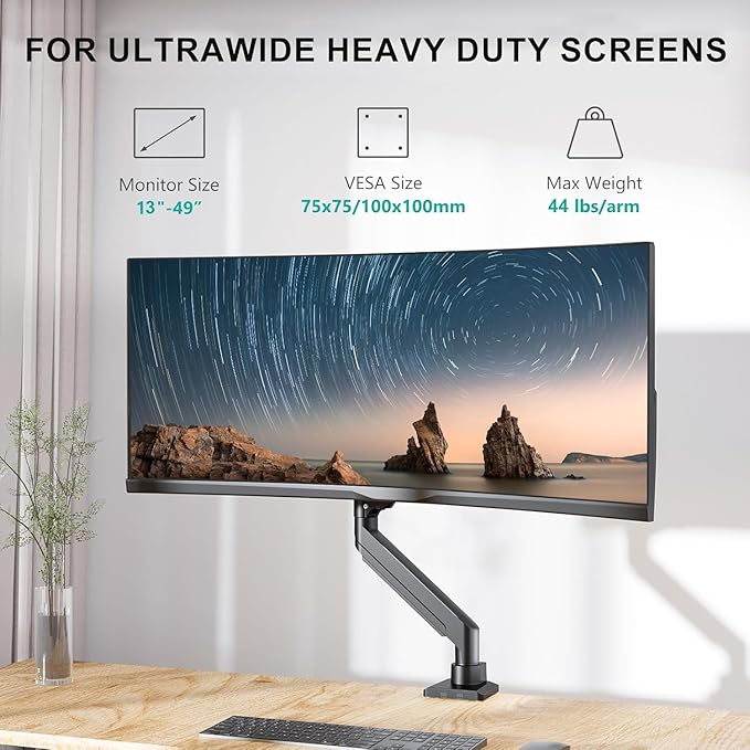 WALI Ultrawide Single Monitor Arm for 13-49 Inch Heavy Duty Curved Screens, up to 44 Lbs, Adjustable Single Monitor Desk Mount with C-Clamp, Grommet Base, 75/100mm VESA (GSM001XL), Black
