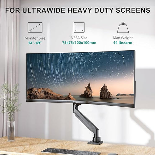 WALI Ultrawide Single Monitor Arm for 13-49 Inch Heavy Duty Curved Screens, up to 44 Lbs, Adjustable Single Monitor Desk Mount with C-Clamp, Grommet Base, 75/100mm VESA (GSM001XL), Black