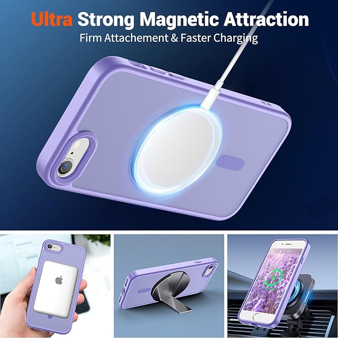 SUPFINE Magnetic for iPhone SE Case 2022 (3rd)/2020 (2nd), iPhone 8 Case (Compatible with MagSafe) (Military Grade Drop Protection) Translucent Matte Phone Cover,Purple