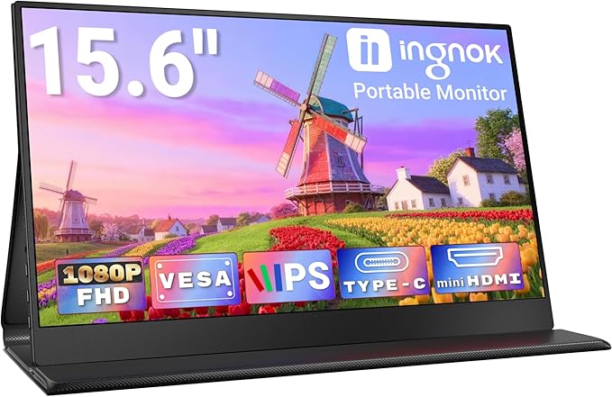 Ingnok Portable Monitor, 15.6inch FHD 1080P Travel Monitor, Ultra-Thin, USB-C Plug&Play, Built-in Speakers, Portable Screen for Laptop, Mac, Switch/PS5, Travel&Office Assistant