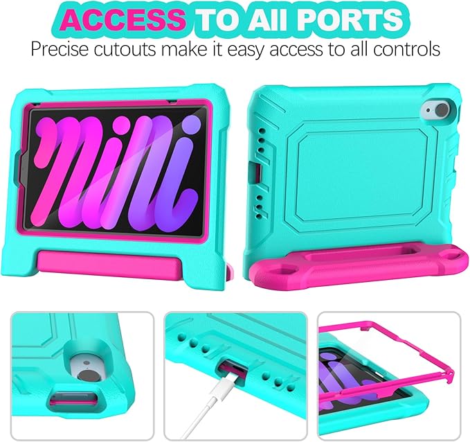 YIHE Kids Case for 8.3 inch iPad mini 7 (A17 Pro) 2024 & iPad mini 6 (A15) 2021, Shockproof Cases for iPad mini 7th/6th Generation with Built-in Screen Protector & Handle Stand, Cyan&Pink