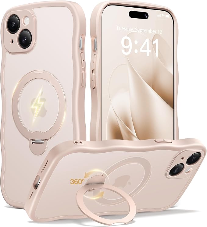 CAPRARO for iPhone 15 Plus Case with 360° Spin Magnetic Stand for Women, [Compatible with MagSafe] [Full Camera Protection] Cute Wave Translucent Matte Case for iPhone 15 Plus, Rose Gold