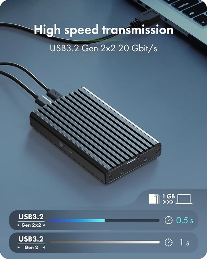 Dual M.2 NVMe SSD Enclosure, ICY BOX 20Gbps NVMe Enclosure, USB C to M2 Adapter for M Key PCIe 2230/2242/2260/2280 M.2 SSDs, Dual Bay Tool-Free Installation Aluminum SSDs Reader