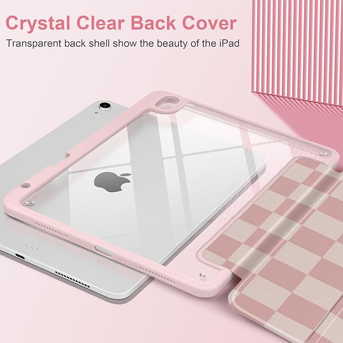 Case for iPad Air 13 inch 2026 M4 2025 M3 2024 M2 Release with Pencil Holder - Aesthetic Cute Preppy Design Trifold Cover with Soft TPU Bumper Clear Back Auto Sleep for Girls Women, Lattice