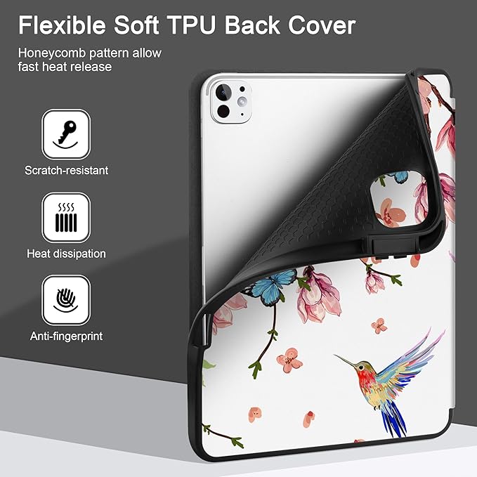 MEEgoodo Case for M5 iPad Pro 11 inch 2025/M4 iPad Pro 11 inch Case 2024, Tablet Cover with Trifold Stand & Pencil Holder & Auto Wake/Sleep & Soft TPU Back Cover, Birds & Flowers
