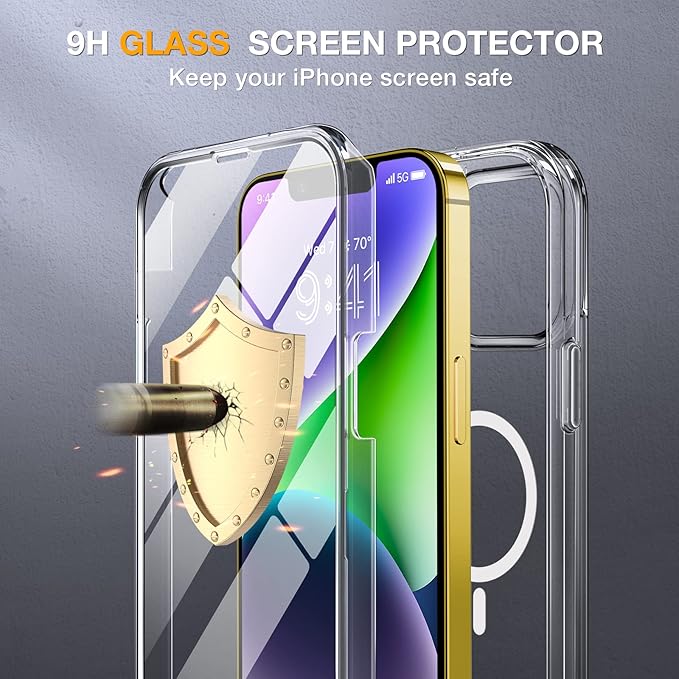 Miracase Glass Series Designed for iPhone 14 Plus Case 6.7 inch, 2023 Upgrade Full-Body Magnetic Clear Case with Built-in 9H Tempered Glass Screen Protector,Compatible with MagSafe,Clear