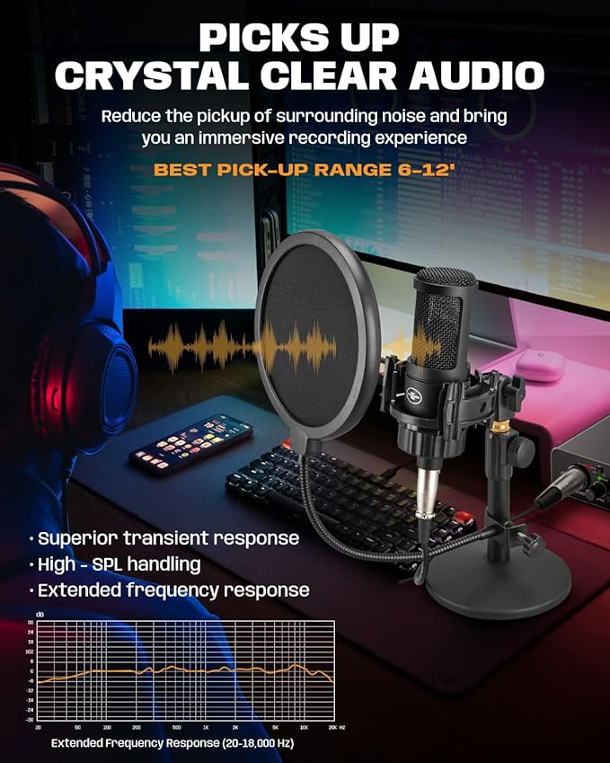 XLR Condenser Microphone with 26mm Large Diaphragm, Professional Cardioid Recording Studio Mic Kit with Metal Desktop Stand, Pop Filter for Streaming, Podcasting, Gaming, Voice-Over, Vocal, Youtube